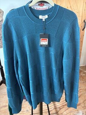 NWT Bugatchi Textured Teal Crewneck Sweater 100% Merino XL